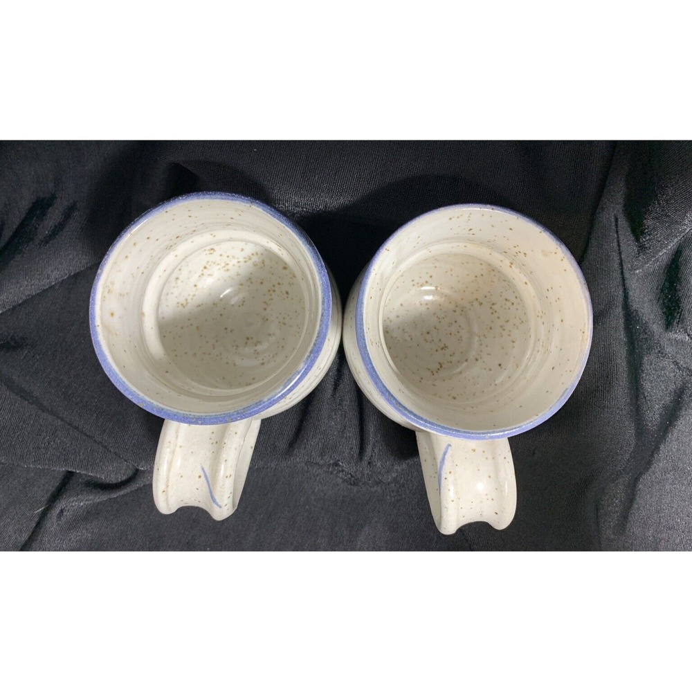 Stoneware Mugs (2) Studio Pottery  Oatmeal speckled Blue drip paint Round belly - Picture 5 of 14